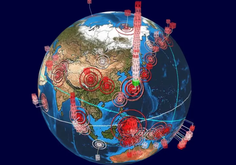 ▲日本九州鹿兒島外海的吐噶喇群島地震破千起,在全球地震3D即時直播圖可看到,地震次數疊加宛如一座摩天大樓。(圖/翻攝自earthquake3d)