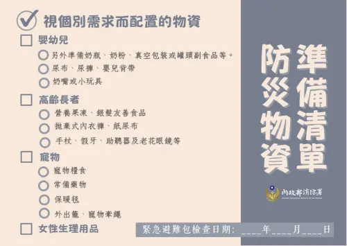 ▲消防署表示,緊急避難包以「個人化需求」為核心。(圖/內政部提供) ▲消防署表示,緊急避難包以「個人化需求」為核心。(圖/內政部提供)