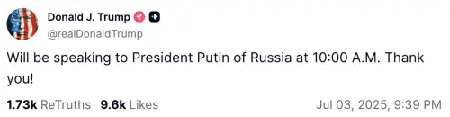 ▲川普3日在個人Truth Social發文，透露自己將在美國時間3日早上10點與蒲亭通話。（圖／翻攝自川普的社群媒體）