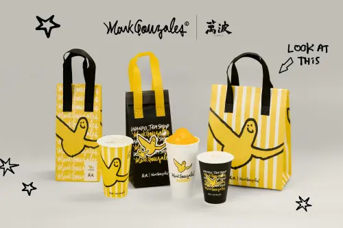 ▲萬波島嶼紅茶跨界聯名滑板教父Mark Gonzales，「小天使杯」、保冷袋來了。（圖／萬波提供）