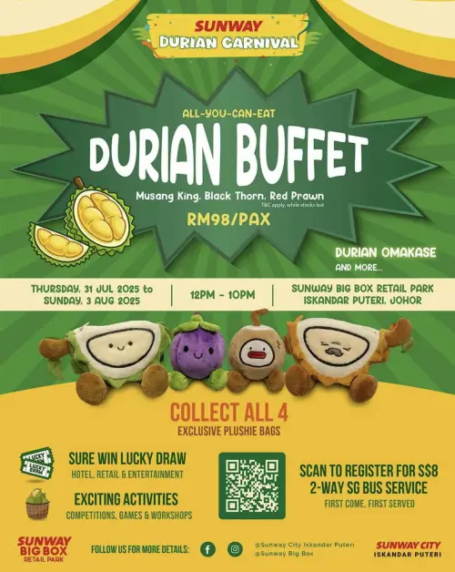 ▲大馬景點開放7月31日至8月3日的「榴槤吃到飽」自助餐。（圖／翻攝自Sunway City Iskandar Puteri官網）