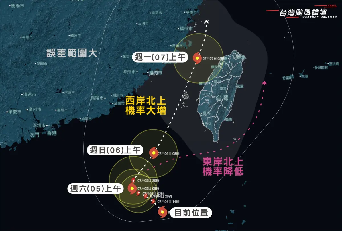 ▲丹娜絲颱風最新路徑，將在週六大角度轉向東北並且加速移動，通過台灣海峽或穿越西部陸地北上，該路徑目前機率較大。（圖/台灣颱風論壇）