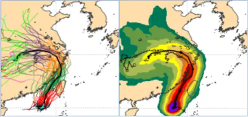 ▲最新(4日20時)歐洲系集模式(ECMWF)暴風圈侵襲機率圖顯示，通過台灣海峽的機率最高，登陸台灣的機率降低，但仍然不能完全排除。（圖／洩天機教室）