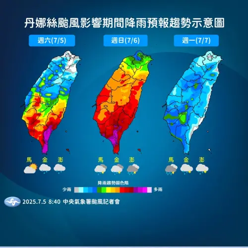 ▲週日丹娜絲颱風最靠近，天氣越晚會越差，苗栗以南、澎湖、台東、花蓮都要留意豪雨或以上等級降雨發生。（圖／中央氣象署）