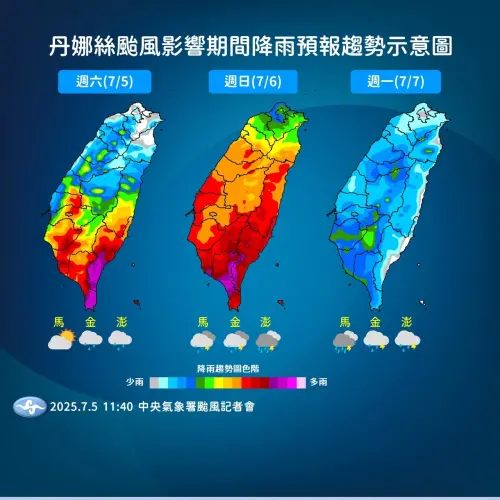週日丹娜絲颱風最靠近,天氣越晚會越差,苗栗以南、澎湖、台東、花蓮都要留意豪雨或以上等級降雨發生。(圖/中央氣象署) ▲週日丹娜絲颱風最靠近,天氣越晚會越差,苗栗以南、澎湖、台東、花蓮都要留意豪雨或以上等級降雨發生。(圖/中央氣象署)
