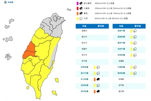 ▲丹娜絲颱風外圍環流，搭配午後對流帶來的雷陣雨，氣象署發布大雨特報。