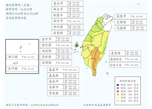 ▲颱風影響期間的總雨量預估，台東山區的400至700毫米最多，其次是高雄、屏東山區的400至600毫米。（圖／中央氣象署）