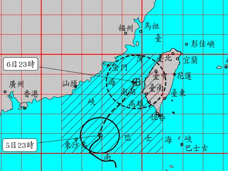 ▲氣象署晚間八點半發布丹娜絲颱風陸上警報。5日23時的中心位置在鵝鑾鼻的西南西方約 330 公里之處。（圖／中央氣象署提供）