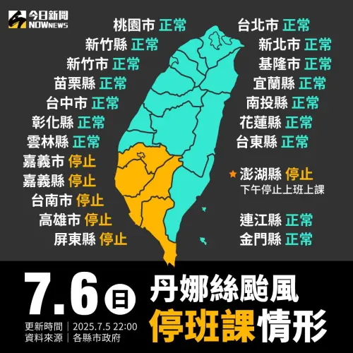 ▲丹娜絲颱風海警、陸警已經發布，今天全台共有6縣市宣布停班停課。（圖／NOWNEWS社群中心製）