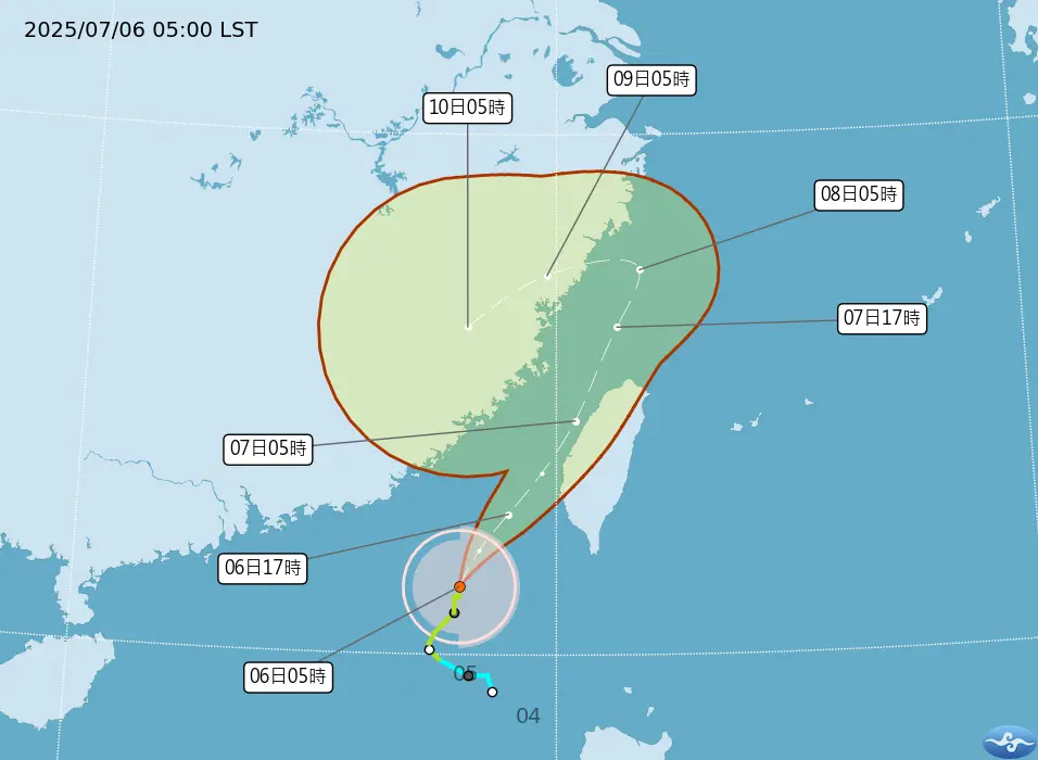 ▲丹娜絲颱風路徑大方向是「北上通過台灣海峽」，週日速度會慢慢加快，並在下午達到強度巔峰。（圖／中央氣象署）