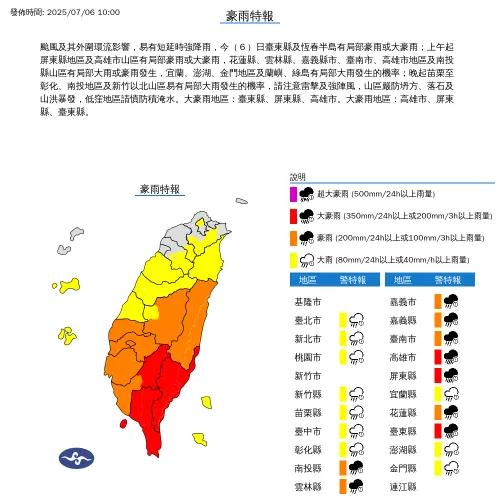 中央氣象署針對全台19縣市發布豪雨特報。(圖/中央氣象署) ▲中央氣象署針對全台19縣市發布豪雨特報。(圖/中央氣象署)