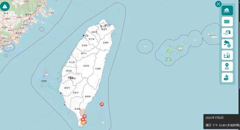 ▲丹娜絲颱風來襲，經濟部水利署今（6）日已針對屏東及台東縣5地區發出一級淹水警戒。（圖／取自經濟部水利署防災資訊服務網）