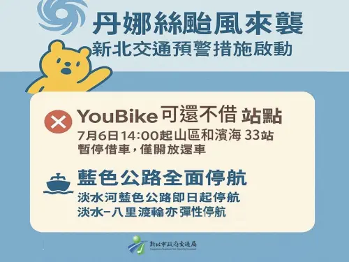 新北市政府今公告,YouBike於14:00起可還不借,山區與濱海33站暫停借車,僅開放還車。恢復營運將視風雨另行公告。(圖/新北市政府提供) ▲新北市政府今公告,YouBike於14:00起可還不借,山區與濱海33站暫停借車,僅開放還車。恢復營運將視風雨另行公告。(圖/新北市政府提供)