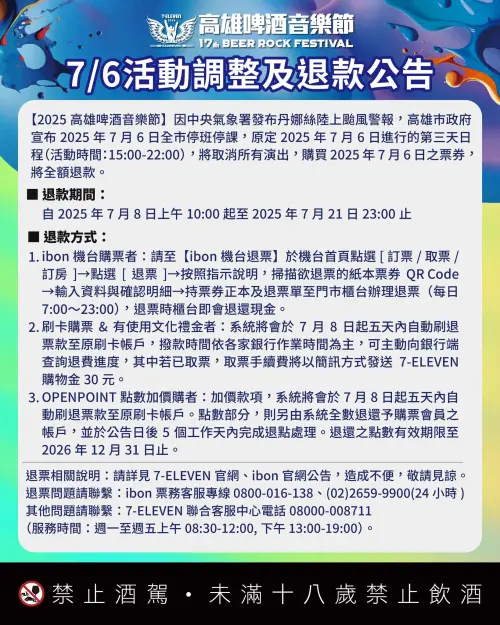 高雄啤酒音樂節今日為最後一天,遇颱風來襲因此取消。(圖/取自高雄啤酒音樂節臉書) ▲高雄啤酒音樂節今日為最後一天,遇颱風來襲因此取消。(圖/取自高雄啤酒音樂節臉書)
