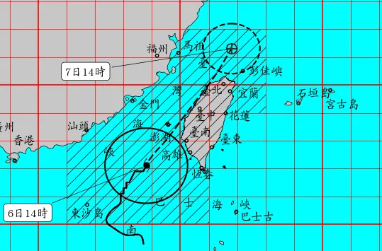 ▲丹娜絲颱風今（6）日上午增強為中颱後，下午強度又略微增加，路徑則是往東更靠近台灣，暴風圈即將接觸台灣陸地。（圖／中央氣象署）