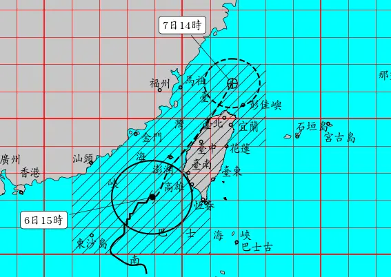 ▲丹娜絲颱風在經過1天多的發展後，今天下午4點左右，暴風圈確定接觸到「台南、高雄、屏東沿岸」。（圖／中央氣象署）