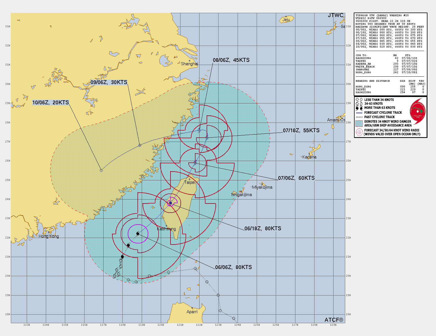 ▲美國聯合颱風警報中心(JTWC)路徑預報顯示，丹娜絲颱風在靠近台灣時，不排除登陸台灣西部沿海縣市的可能。（圖／JTWC）