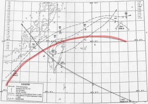▲根據百年侵台颱風路徑以及日本氣象單位所留下的資料，1898年曾有過颱風登陸過桃園一帶的手繪圖紀錄，但詳細登陸地點不可考。（圖／翻攝畫面）