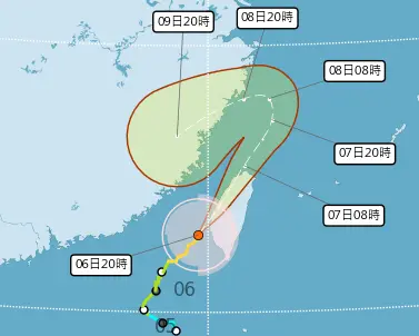 ▲丹娜絲颱風路徑高機率登陸台灣，今天深夜至明天清晨會替各地帶來顯著雨勢。（圖／中央氣象署）