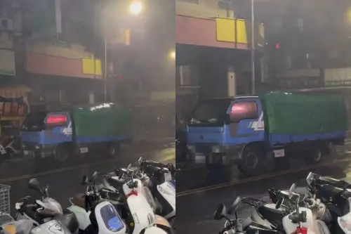 ▲畫面中的貨車被強風不斷往後吹，讓旁人驚喊「好危險！」（圖／宥星車業提供）