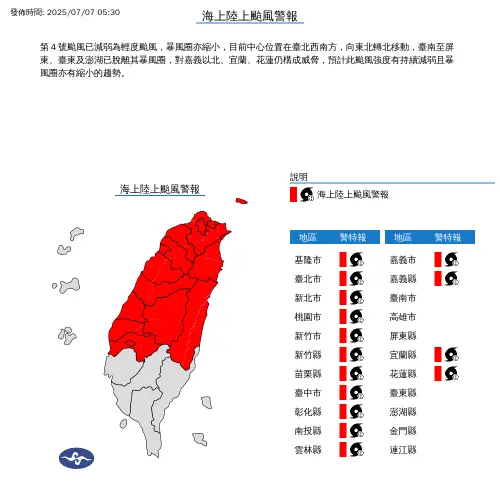 根據最新資料顯示,丹娜絲颱風已減弱為輕度颱風,暴風圈亦縮小,但台灣本島仍有15縣市納入陸上颱風警報範圍中。(圖/中央氣象署) ▲根據最新資料顯示,丹娜絲颱風已減弱為輕度颱風,暴風圈亦縮小,但台灣本島仍有15縣市納入陸上颱風警報範圍中。(圖/中央氣象署)