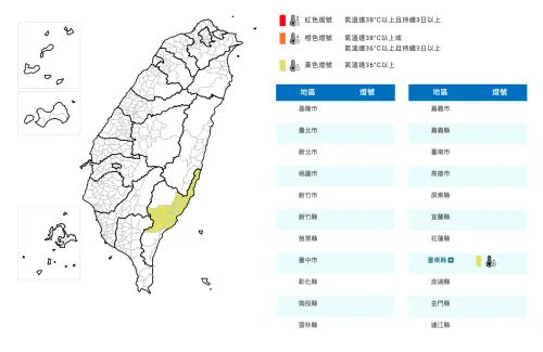 ▲受丹娜絲颱風外圍環流沉降影響,臺東縣有焚風發生的機率,今日中午前後臺東縣為黃色燈號。(圖/中央氣象署) ▲受丹娜絲颱風外圍環流沉降影響,臺東縣有焚風發生的機率,今日中午前後臺東縣為黃色燈號。(圖/中央氣象署)