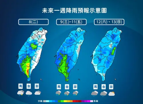 ▲週二開始至週日，台灣處於「西南風環境」，大氣相當不穩定，午後大雷雨的情況在各地都會比較顯著。（圖／中央氣象署）