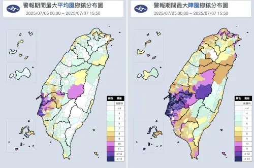 ▲丹娜絲颱風登陸在嘉義布袋，颱風中心附近風速最強的環流，直接逆時針從西半部沿海掃進內陸。（圖／中央氣象署）