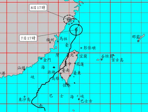 丹娜絲颱風離開台灣後,路徑將持續北上,明(8)日轉向進入中國。(圖/中央氣象署) ▲丹娜絲颱風離開台灣後,路徑將持續北上,明(8)日轉向進入中國。(圖/中央氣象署)