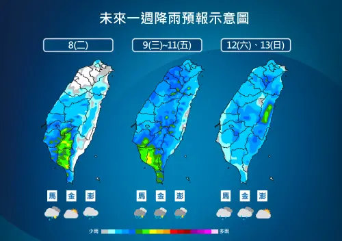 週二至週日,台灣處於「西南風環境」,大氣相當不穩定,午後大雷雨的情況在各地都會比較顯著。(圖/中央氣象署) ▲週二至週日,台灣處於「西南風環境」,大氣相當不穩定,午後大雷雨的情況在各地都會比較顯著。(圖/中央氣象署)