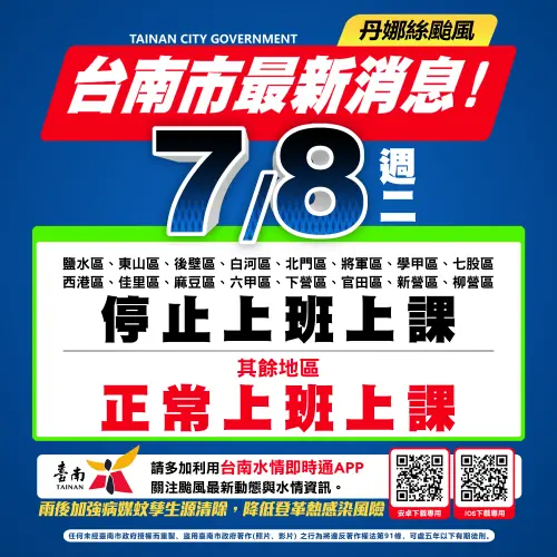 台南市16區7月8日停班停課。(圖/台南市長黃偉哲臉書) ▲台南市16區7月8日停班停課。(圖/台南市長黃偉哲臉書)