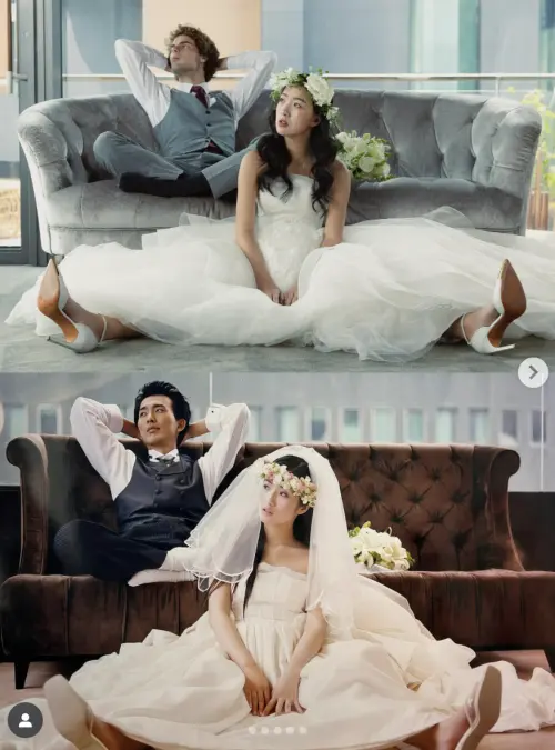 ▲蔡牧霏（上排右）復刻了爸爸媽媽的結婚照。（圖／蔡牧霏IG）