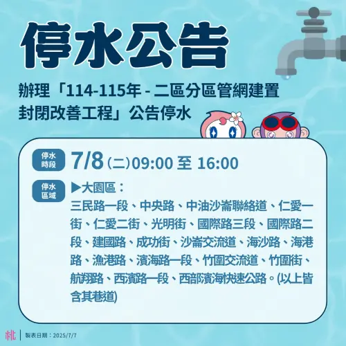 桃園市大園區7月8日停水公告。(圖/桃園事) ▲桃園市大園區7月8日停水公告。(圖/桃園事)