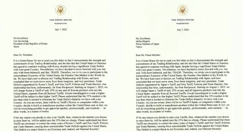 ▲ 川普在社群平台上，陸續公布各國面臨的最新對等關稅稅率，同時還附上白宮給各國領導人的信件。圖為日韓。（圖／擷取自Truth Social）