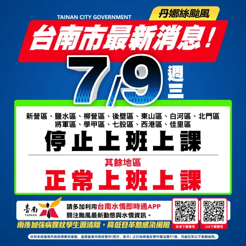 ▲台南市12區7月9日停止上班、停止上課。(圖/台南市政府) ▲台南市12區7月9日停止上班、停止上課。(圖/台南市政府)