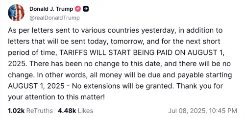 ▲川普說對等關稅8月1日生效不會改變,「沒有寬限期」。(圖/翻攝自川普社群媒體) ▲川普說對等關稅8月1日生效不會改變,「沒有寬限期」。(圖/翻攝自川普社群媒體)