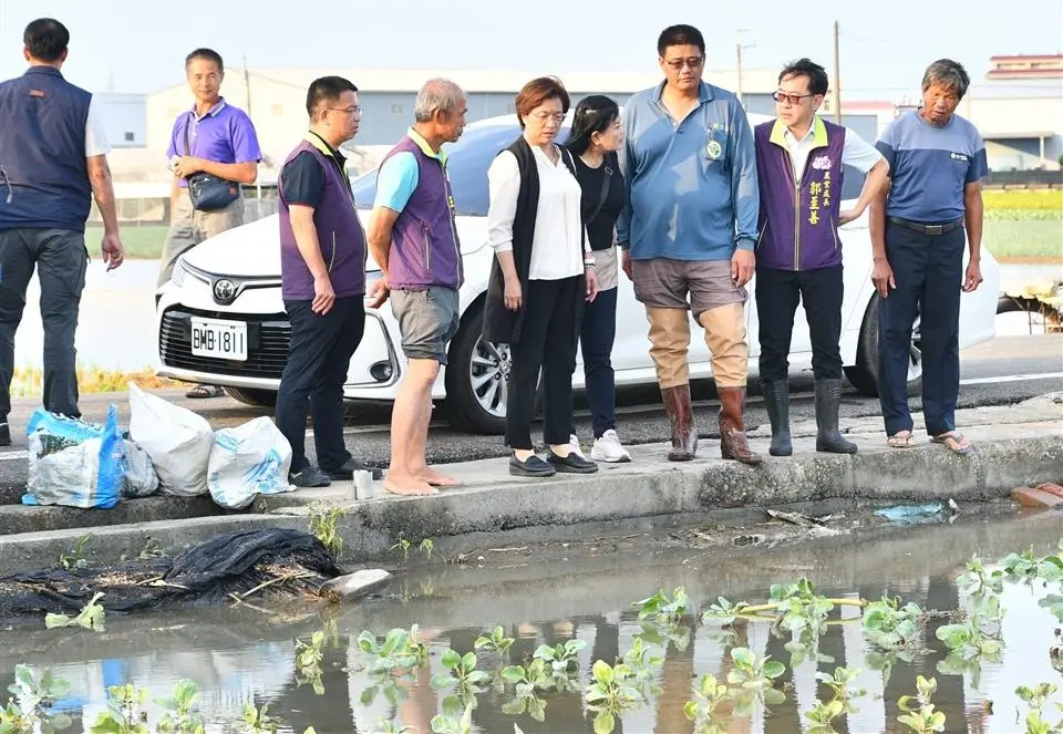 ▲王惠美昨天下午埔鹽鄉視察農損情況，雖然路面已乾，菜苗仍泡在水裡。（圖／彰化縣政府提供，2025.07.09）