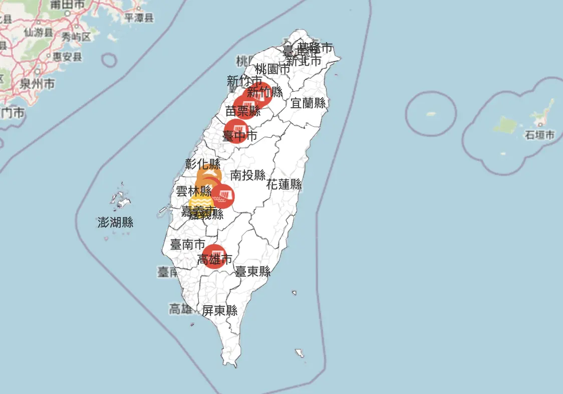 ▲水利署發布彰化縣、苗栗縣、台中市與連江縣4縣市、共22地淹水警戒。（圖／水利署）