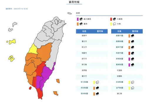 ▲雲林以南、台東南部等地需要嚴防豪大雨。（圖／翻攝氣象署官網）