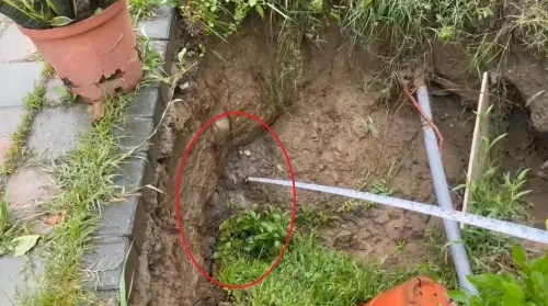 台中連日雨多處地基掏空 大里仁美公園天坑再現 ▲天坑內壁疑似曾灌漿(紅圈處),附近住戶表示近兩年公園地基已流失4次。(圖/市議員江和樹提供,2025.07.09)