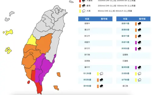 ▲氣象署發布豪雨特報，今日台東縣（山區及大武鄉）、高雄市山區及屏東縣山區有局部大豪雨或超大豪雨。（圖／中央氣象署）