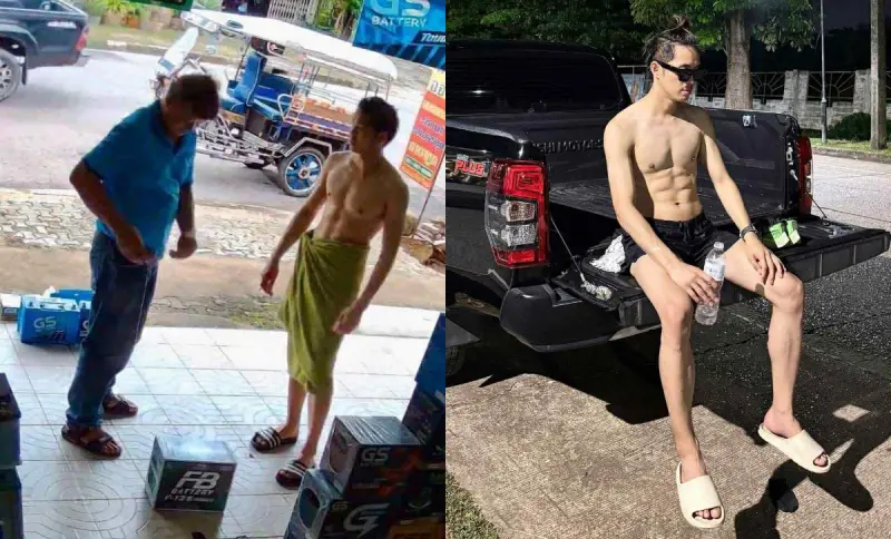 ▲泰國一間電池商店老闆因只包著浴巾上班，健壯的身材讓他爆紅。（圖／翻攝自臉書）