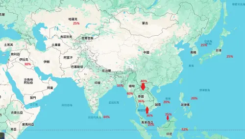 ▲亞洲地區目前公布15國，稅率都大於20%，台灣及印度稅率尚未出爐。（圖／取自Google地圖、記者鍾泓良整理）