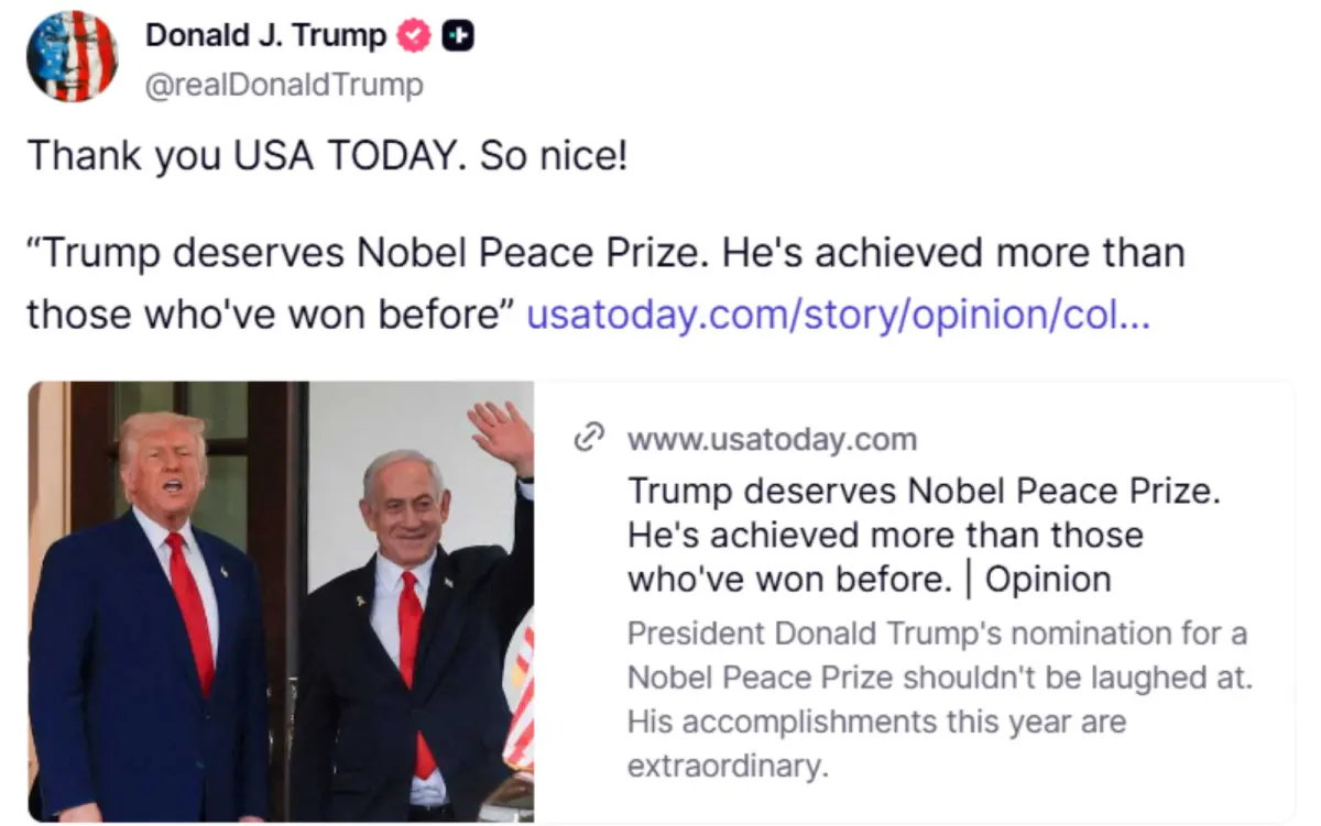 ▲川普轉貼一則《今日美國》讚揚他配得諾貝爾和平獎的社論，喜孜孜地打下：「謝謝你，今日美國！真棒！」（圖／擷取自Truth Social）