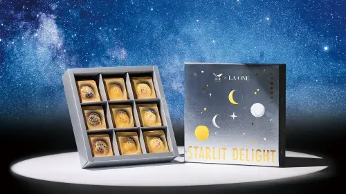 ▲ 《椪見星光》禮盒含三款點心，其中兩款綠豆椪分別代表「台式鹹」與「法式甜」，另有鹽之花菠蘿蛋黃酥。（圖／LA ONE提供）
