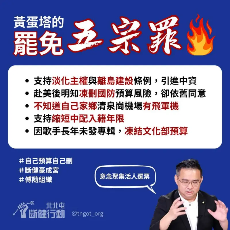 ▲罷團公布罷免黃健豪的5大理由。（圖／翻攝「斷健行動」臉書，2025.07.12）