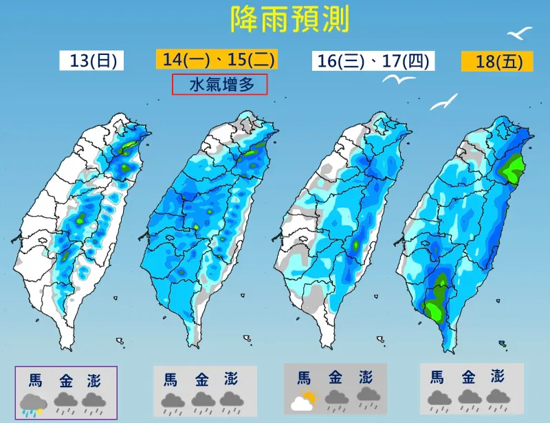 ▲低壓帶逐漸北抬遠離台灣，週末兩天天氣穩定許多，高溫上看攝氏36度，不過午後仍要留意短暫雷陣雨。（圖／中央氣象署提供）