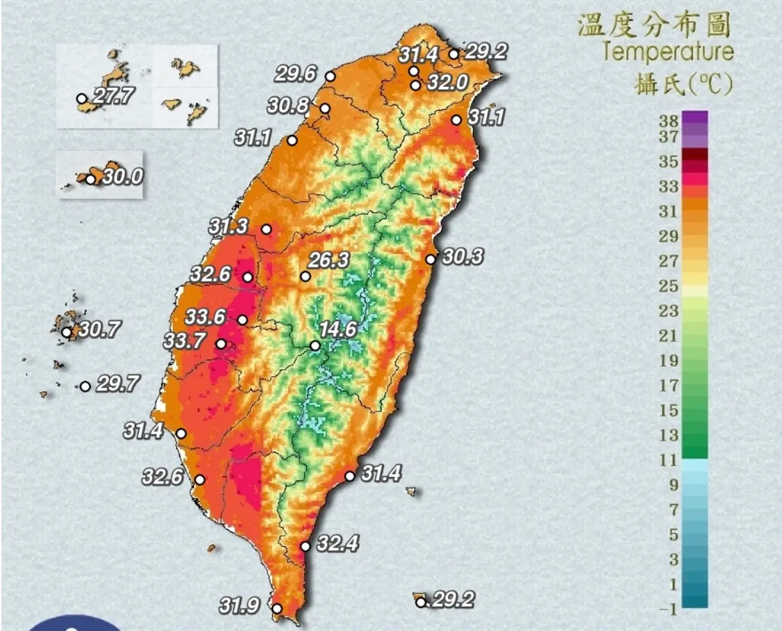 ▲中央氣象署發布高溫特報，今（12）日新北市、彰化縣、雲林縣及屏東縣為黃色燈號。（圖／翻攝自中央氣象署）