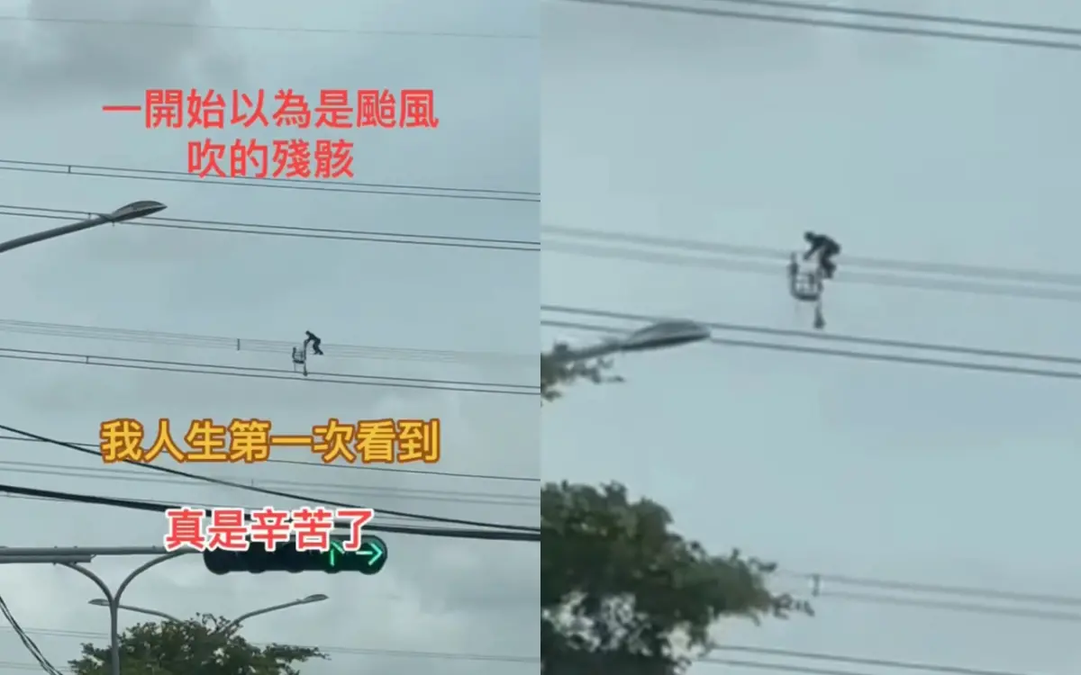 ▲颱風丹娜絲風勢強烈，台電仍在積極搶修當中，有民眾在路上發現，辛苦的台電人員像走鋼索一樣，走在好幾層樓高的電線上維修，直呼「真是辛苦了」。（圖／Threads@yeaphone2授權提供）