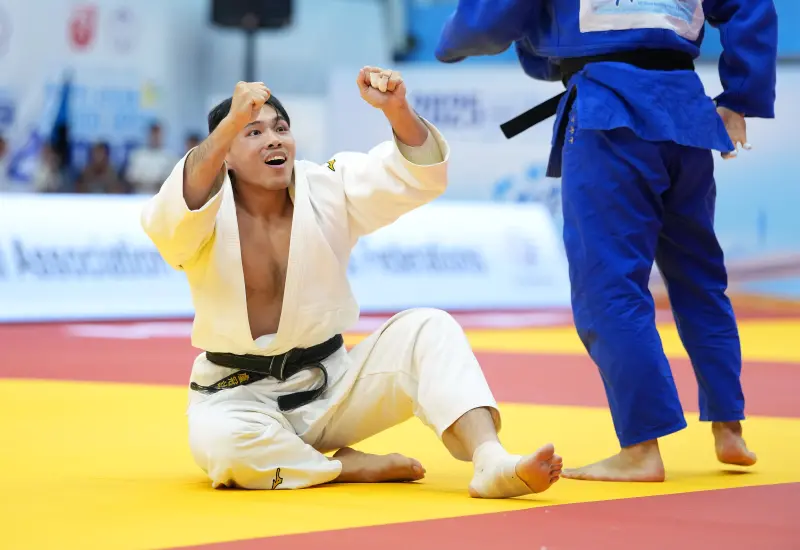 ▲目前身兼選手與教練身分的盧冠誌表示這面金牌意義重大，獲勝瞬間難掩興奮之情。（圖／中華民國柔道總會提供）